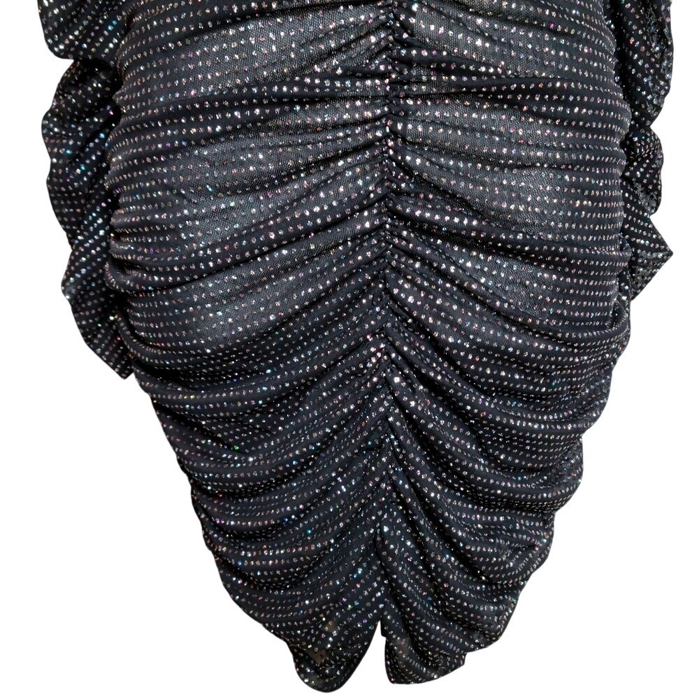 For Love & Lemons Black Glitter Ruched Glam Mini Dress Small NYE Holiday Sparkle - Picture 3 of 12